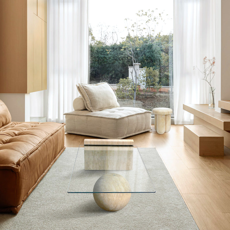 Table basse Vetra en travertin et verre trempé